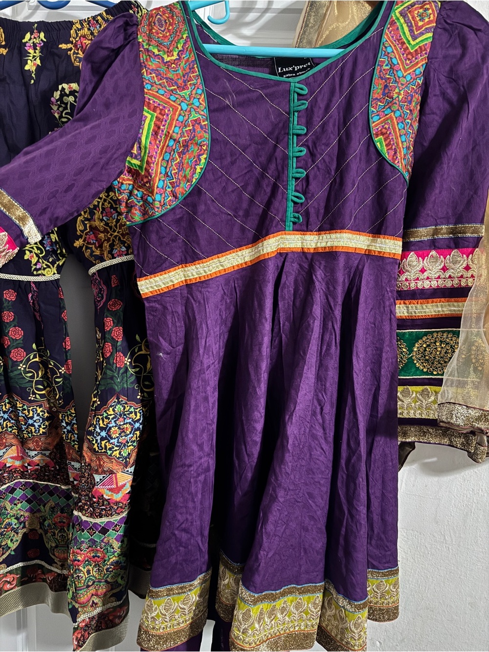 Purple Embroidered Midi Dress with Multicolor Accents
